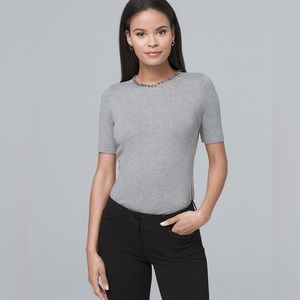 White House Black Market Short-Sleeve Embellished-Neck Sweater (M)